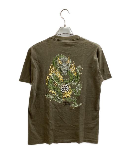 stussy（ステューシー）stussy (ステューシー) 2代目ドラゴンプリントTシャツ / 紺タグ / 90s / USA製 カーキ サイズ:Mの古着・服飾アイテム
