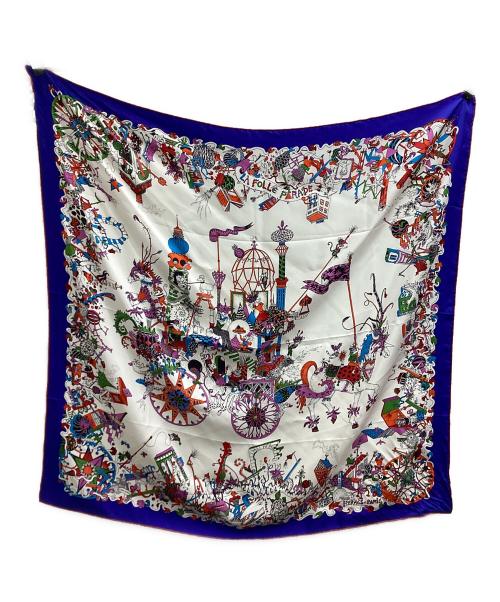 HERMES（エルメス）HERMES (エルメス) スカーフ カレ90 La Folle Parade ホワイト×ブルーの古着・服飾アイテム