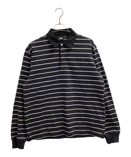 stussy（ステューシー）stussy (ステューシー) STRIPED RUGBY SHIRT ブラック サイズ:Mの古着・服飾アイテム