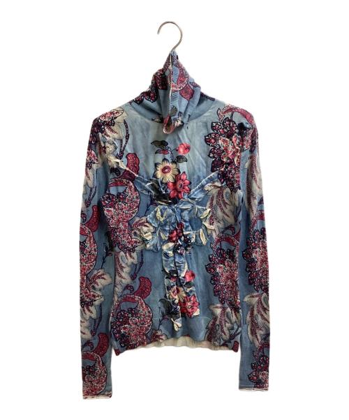 KENZO（ケンゾー）KENZO (ケンゾー) フラワーモチーフシルクカシミヤニット ブルー サイズ:Mの古着・服飾アイテム