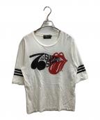 Hysteric Glamour×ROLLING STONESヒステリックグラマー×ローリングストーンズ）の古着「RS/SUCKING IN THE 70'S pt 五分袖Tシャツ」｜ホワイト