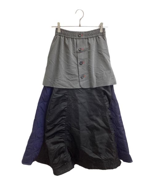 OMMO（オーエムエムオー）OMMO (オーエムエムオー) MIX FABRIC FLARE SK グレー×ネイビー サイズ:36の古着・服飾アイテム