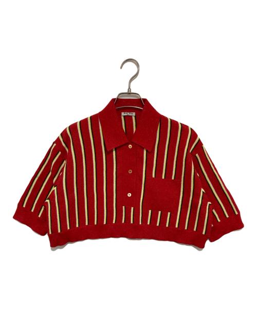 MIU MIU（ミュウミュウ）MIU MIU (ミュウミュウ) クロップドストライプポロシャツ レッド サイズ:38の古着・服飾アイテム