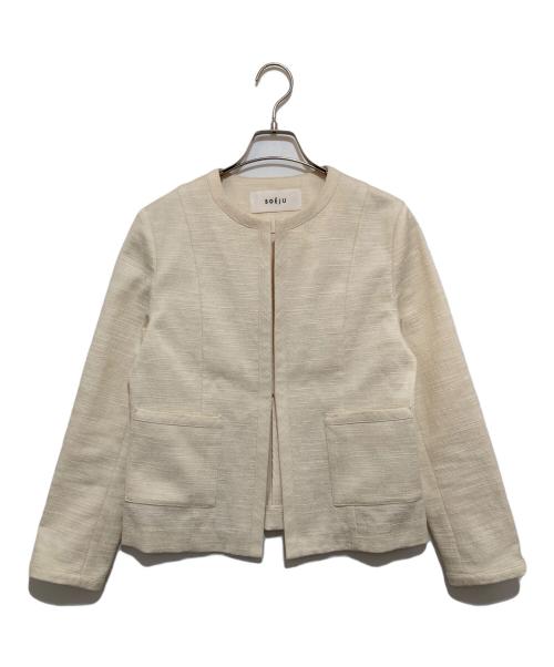 SOEJU（ソージュ）SOEJU (ソージュ) ツィーディージャカードノーカラージャケット ベージュ サイズ:Mの古着・服飾アイテム