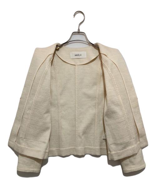 SOEJU（ソージュ）SOEJU (ソージュ) ツィーディージャカードノーカラージャケット ベージュ サイズ:Mの古着・服飾アイテム