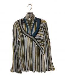 Mame Kurogouchi（マメクロゴウチ）の古着「Stripe Jacquard High Neck Knitted Topセーター　ストライプジャカードハイネックニットトップスセーター　MM23FW-KN017」｜グリーン