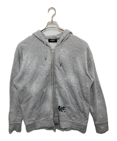 DSQUARED2（ディースクエアード）DSQUARED2 (ディースクエアード) スタッズ付きペイントダメージ加工ジップアップパーカー グレー サイズ:Mの古着・服飾アイテム