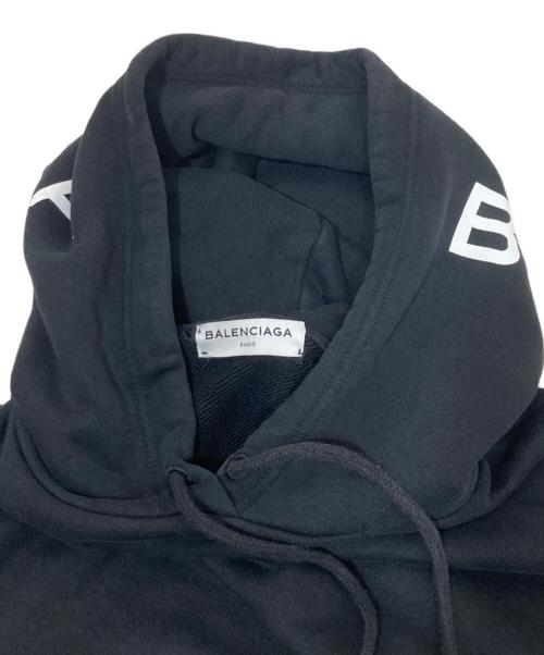 BALENCIAGA（バレンシアガ）BALENCIAGA (バレンシアガ) フードロゴプリントスウェットプルオーバーパーカー ブラック サイズ:Lの古着・服飾アイテム