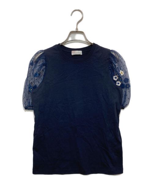 RED VALENTINO（レッドヴァレンティノ）RED VALENTINO (レッドヴァレンティノ) レースパフスリーブカットソー ネイビー サイズ:XSの古着・服飾アイテム