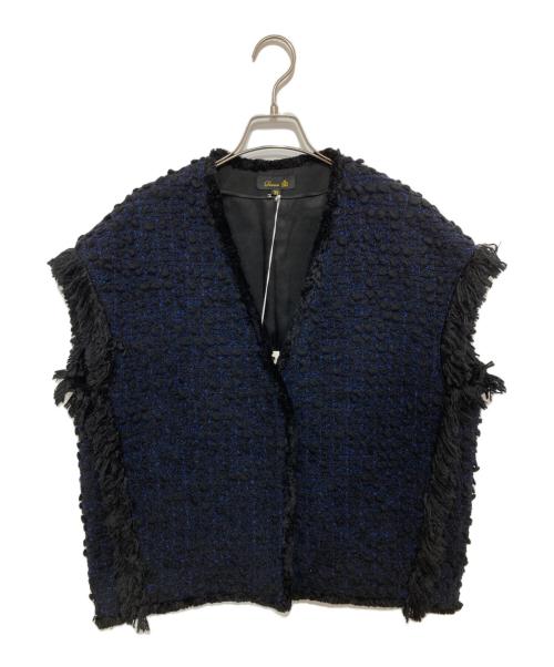 DRAWER（ドゥロワー）Drawer (ドゥロワー) フリンジトリムツイードブラウス ネイビー サイズ:38の古着・服飾アイテム