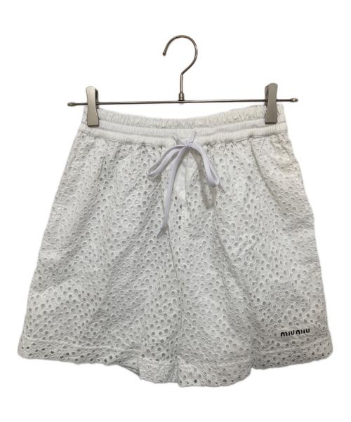 MIU MIU（ミュウミュウ）MIU MIU (ミュウミュウ) ロゴパッチルーズフィットポプリンショーツ ホワイト サイズ:38の古着・服飾アイテム