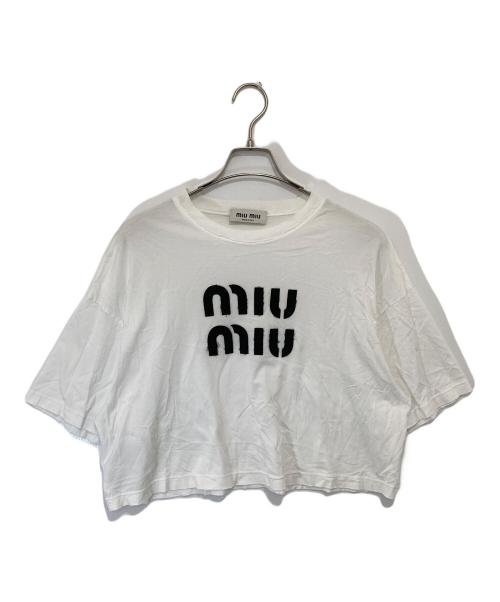 MIU MIU（ミュウミュウ）MIU MIU (ミュウミュウ) クロップドロゴTシャツ　MJN445 S231 12LZ ホワイト サイズ:Sの古着・服飾アイテム