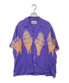 WACKO MARIAワコマリア）の古着「スカル プレイハンドプリント ハワイアン オープンカラーシャツ」｜パープル