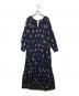 ne quittez pas（ヌキテパ）の古着「COTTON DOBBY ST FOIL PRINT NECK GATHER DRESS（コットン ドビーストライプ フォイルプリントネックギャザードレス）/ ワンピース　010442GL1」｜ネイビー