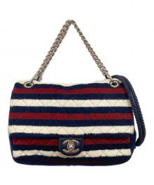CHANEL（シャネル）の古着「マトラッセ コットン シングルフラップ ダブルチェーンバッグ　ボーダーショルダーバッグ」｜ネイビー