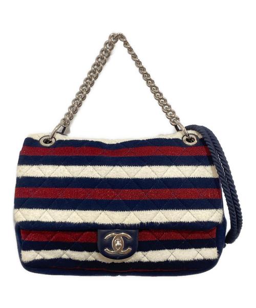 CHANEL（シャネル）CHANEL (シャネル) マトラッセ コットン シングルフラップ ダブルチェーンバッグ　ボーダーショルダーバッグ ネイビーの古着・服飾アイテム