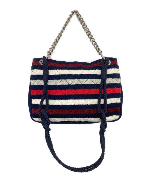 CHANEL（シャネル）CHANEL (シャネル) マトラッセ コットン シングルフラップ ダブルチェーンバッグ　ボーダーショルダーバッグ ネイビーの古着・服飾アイテム
