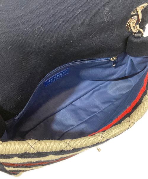 CHANEL（シャネル）CHANEL (シャネル) マトラッセ コットン シングルフラップ ダブルチェーンバッグ　ボーダーショルダーバッグ ネイビーの古着・服飾アイテム
