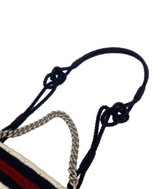 CHANEL（シャネル）CHANEL (シャネル) マトラッセ コットン シングルフラップ ダブルチェーンバッグ　ボーダーショルダーバッグ ネイビーの古着・服飾アイテム