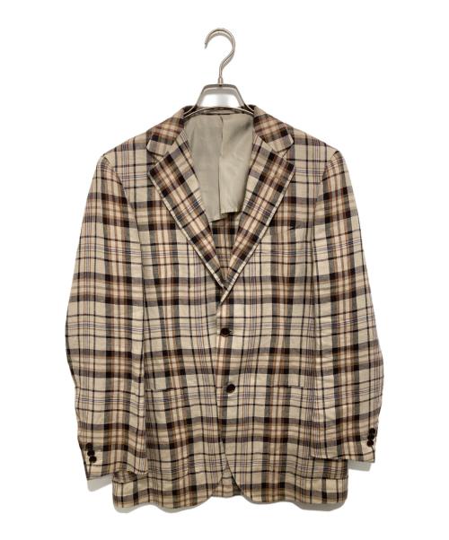 BEAMS F（ビームスエフ）BEAMS F (ビームスエフ)  EASY MARZOTTO リネンチェックテーラードジャケット　21-16-0177-015 ブラウン サイズ:50の古着・服飾アイテム