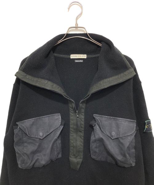 STONE ISLAND（ストーンアイランド）STONE ISLAND (ストーンアイランド) 98AW アーカイブ グリーンエッジ KNITTED UTILITY SMOCK / ハーフジップニット　29155R80 ブラック サイズ:Lの古着・服飾アイテム