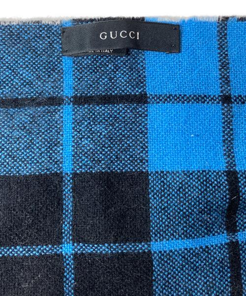 GUCCI（グッチ）GUCCI (グッチ) ダブルGロゴ アンゴラカシミヤ リバーシブルチェックマフラー ブルーの古着・服飾アイテム