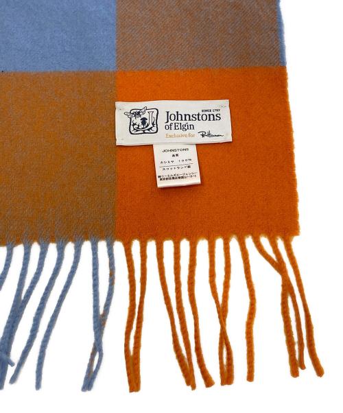JOHNSTONS OF ELGIN（ジョンストンズオブエルガン）JOHNSTONS OF ELGIN (ジョンストンズオブエルガン) Ron Herman (ロンハーマン) 別注 カシミヤ大判ストール　チェックマフラー　カシミヤ100% オレンジ×スカイブルーの古着・服飾アイテム