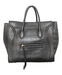CELINE（セリーヌ）の古着「クロコ型押しハンドバッグ　レザーバッグ　ラゲージファントム　Leather tote bag」｜ブラック