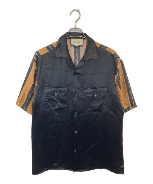 GUCCI（グッチ）GUCCI (グッチ) 19SS バイマテリアルプリントボーリングシャツ 572516 / ホースビット ストライプ オープンカラーシャツ　４８ ブラック×ブラウン サイズ:48の古着・服飾アイテム