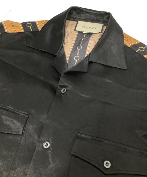 GUCCI（グッチ）GUCCI (グッチ) 19SS バイマテリアルプリントボーリングシャツ 572516 / ホースビット ストライプ オープンカラーシャツ　４８ ブラック×ブラウン サイズ:48の古着・服飾アイテム