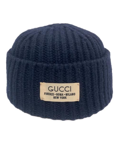 GUCCI（グッチ）GUCCI (グッチ) ロゴプリントラベル リブ ウールニットキャップ　759059 ネイビー サイズ:L（59cm）の古着・服飾アイテム