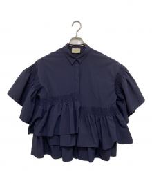 UNITED ARROWS（ユナイテッドアローズ）の古着「イレギュラー シャーリング 六分袖 ブラウス ソリッド/1516-162-1592」｜ネイビー
