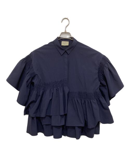 UNITED ARROWS（ユナイテッドアローズ）UNITED ARROWS (ユナイテッドアローズ) イレギュラー シャーリング 六分袖 ブラウス ソリッド/1516-162-1592 ネイビー サイズ:38の古着・服飾アイテム