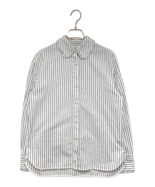 YORI（ヨリ）YORI (ヨリ) ミニフリル ストライプシャツ　YR21-24136AW ホワイト サイズ:36の古着・服飾アイテム