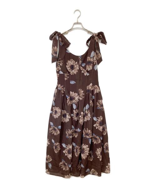 HER LIP TO（ハーリップトゥ）HER LIP TO (ハーリップトゥ) Sunflower-printed midi dress　サンフラワープリンテッドミディドレス ブラウン サイズ:Mの古着・服飾アイテム