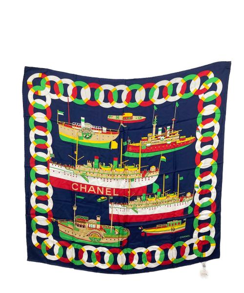 CHANEL（シャネル）CHANEL (シャネル) 蒸気船 ココマーク 大判スカーフ ネイビーの古着・服飾アイテム
