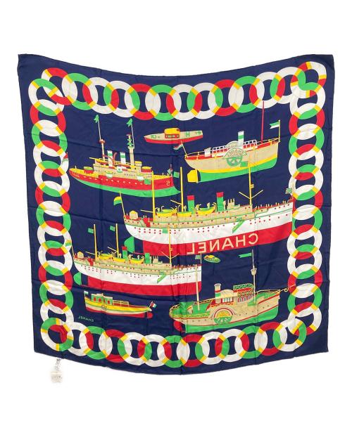 CHANEL（シャネル）CHANEL (シャネル) 蒸気船 ココマーク 大判スカーフ ネイビーの古着・服飾アイテム