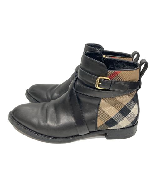 BURBERRY LONDON（バーバリーロンドン）BURBERRY LONDON (バーバリーロンドン) ハウスチェック＆レザー アンクルブーツ ブラック サイズ:39の古着・服飾アイテム