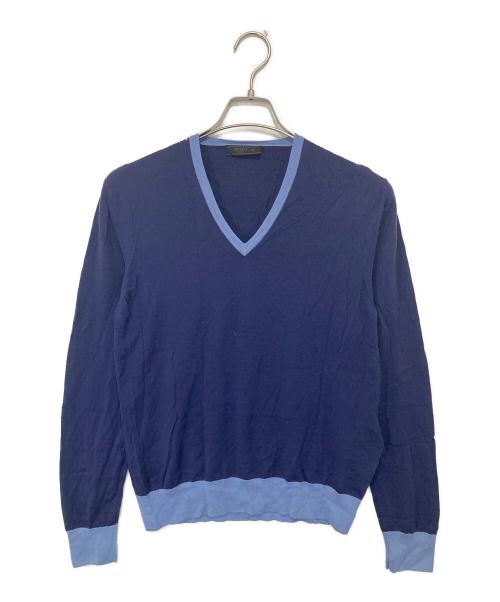 PRADA（プラダ）PRADA (プラダ) ハイゲージ Vネック バージンウールニット　UMM985 1BGW ネイビー サイズ:48の古着・服飾アイテム