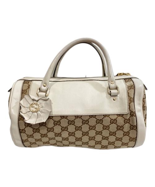 GUCCI（グッチ）GUCCI (グッチ) GGキャンバス レザー ミニボストンバッグ　189825 ブラウン×ホワイトの古着・服飾アイテム