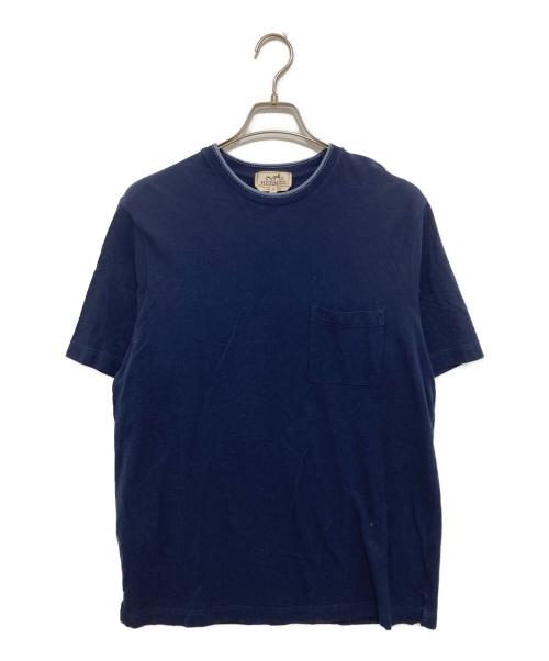 HERMES（エルメス）HERMES (エルメス) H刺繍ポケット付 鹿の子 Tシャツ ネイビー サイズ:XLの古着・服飾アイテム
