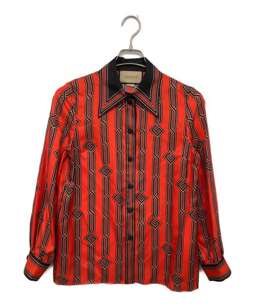 GUCCI（グッチ）GUCCI (グッチ) チェーンロゴ シルクシャツ レッド サイズ:36の古着・服飾アイテム