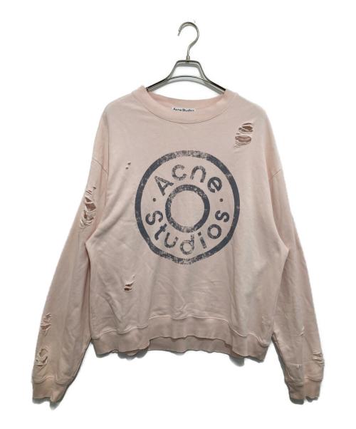 Acne studios（アクネ ストゥディオズ）Acne studios (アクネ ストゥディオズ) ロゴプリント ダメージ加工スウェットクルーネックシャツ ピンク サイズ:Lの古着・服飾アイテム