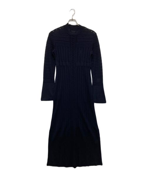 Mame Kurogouchi（マメクロゴウチ）Mame Kurogouchi (マメクロゴウチ) Lace Stripe Knitted Dress レースストライプ ニットワンピース MM23PF-KN727 ネイビー サイズ:3の古着・服飾アイテム