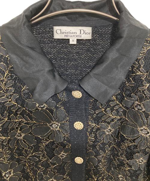 Christian Dior（クリスチャン ディオール）Christian Dior (クリスチャン ディオール) ラメ レース フラワーモチーフ ニットジャケット ブラック サイズ:Mの古着・服飾アイテム
