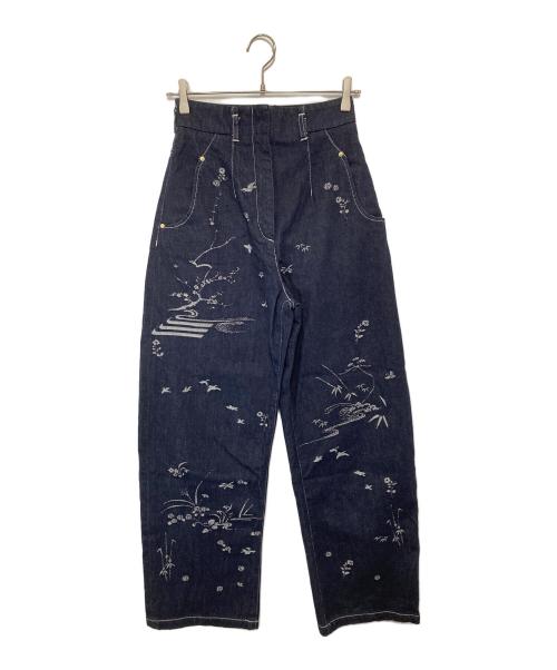 Mame Kurogouchi（マメクロゴウチ）Mame Kurogouchi (マメクロゴウチ) Nature Pattern Jacquard Wide Leg Jeans ネイチャーパターンジャガードワイドレッグジーンズ インディゴ サイズ:1の古着・服飾アイテム