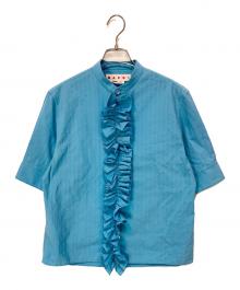 MARNI（マルニ）の古着「スタンドカラーラッフルブラウス」｜スカイブルー