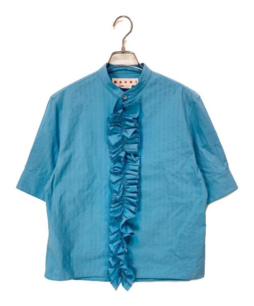 MARNI（マルニ）MARNI (マルニ) スタンドカラーラッフルブラウス スカイブルー サイズ:40の古着・服飾アイテム