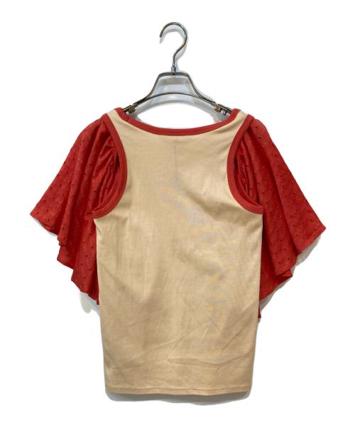 beautiful people（ビューティフルピープル）beautiful people (ビューティフルピープル) フリルスリーブカットソー レッド×ベージュ サイズ:36の古着・服飾アイテム