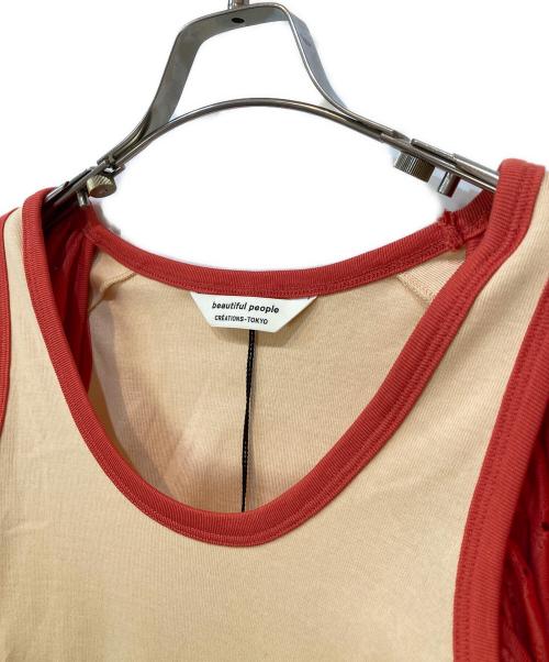 beautiful people（ビューティフルピープル）beautiful people (ビューティフルピープル) フリルスリーブカットソー レッド×ベージュ サイズ:36の古着・服飾アイテム